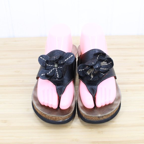 MEPHISTO Women's Violette Flower Black Leather Thong Sandals Cork Footbed 37 / 7 - Picture 5 of 9